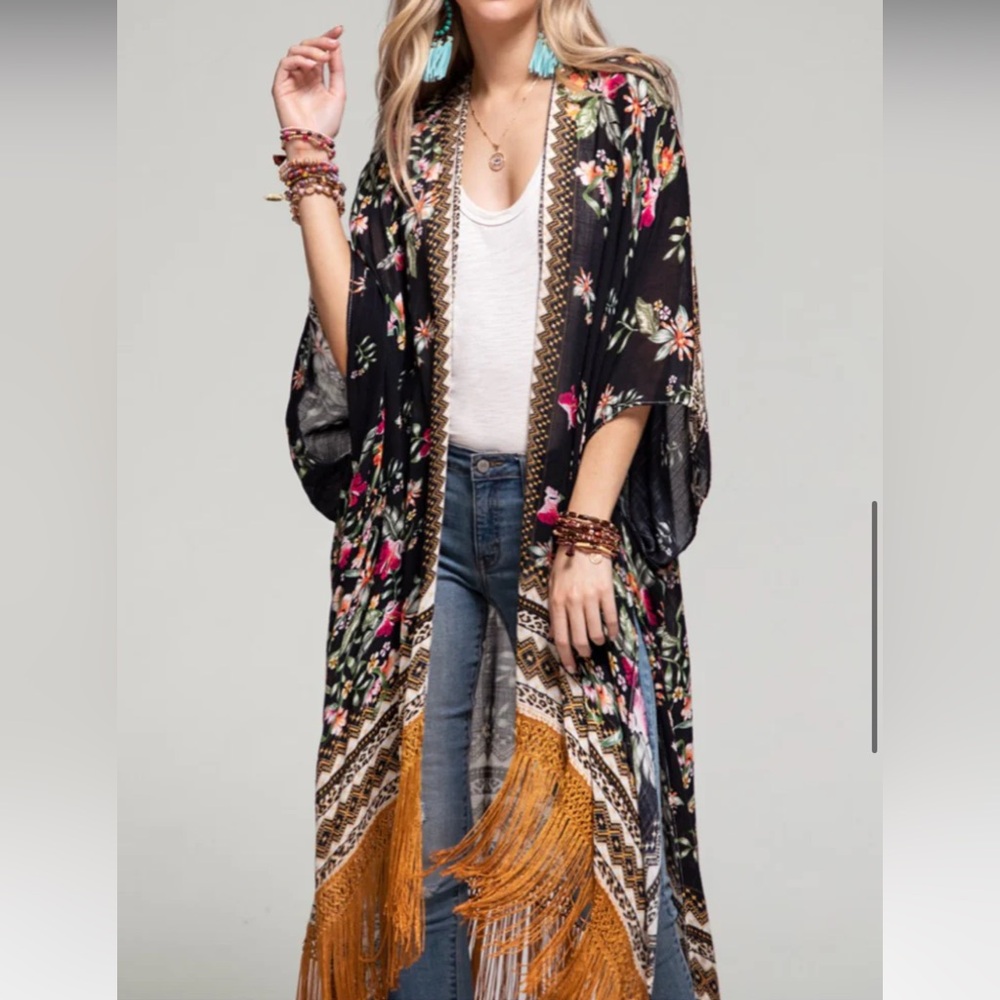 Floral Black Kimono with Fringe